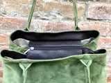 Large moss green suede bag. Shoulder + crossbody longer adjustable strap. Lined GREEN suede purse for your laptop, tablet.. Genuine leather.