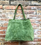 Large moss green suede bag. Shoulder + crossbody longer adjustable strap. Lined GREEN suede purse for your laptop, tablet.. Genuine leather.