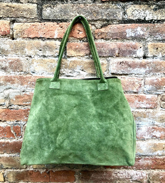 Large moss green suede bag. Shoulder + crossbody longer adjustable strap. Lined GREEN suede purse for your laptop, tablet.. Genuine leather.