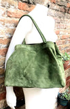Large moss green suede bag. Shoulder + crossbody longer adjustable strap. Lined GREEN suede purse for your laptop, tablet.. Genuine leather.