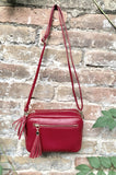 Small burgundy leather bag. Wine red GENUINE leather shoulder / cross body. Dark red leather purse with tassels, adjustable strap and zipper