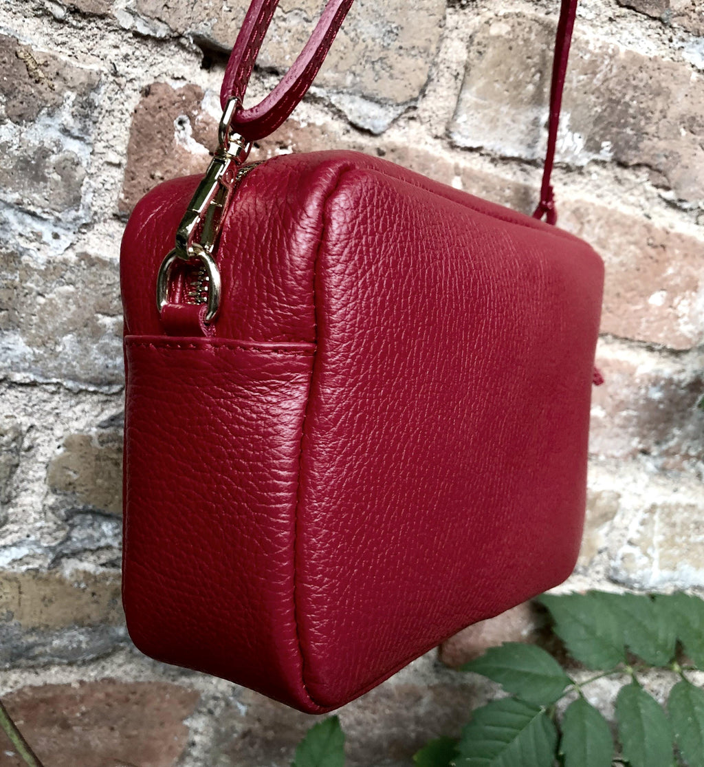 Small burgundy leather bag. Wine red GENUINE leather shoulder / cross body. Dark red leather purse with tassels, adjustable strap and zipper