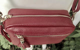 Small burgundy leather bag. Wine red GENUINE leather shoulder / cross body. Dark red leather purse with tassels, adjustable strap and zipper