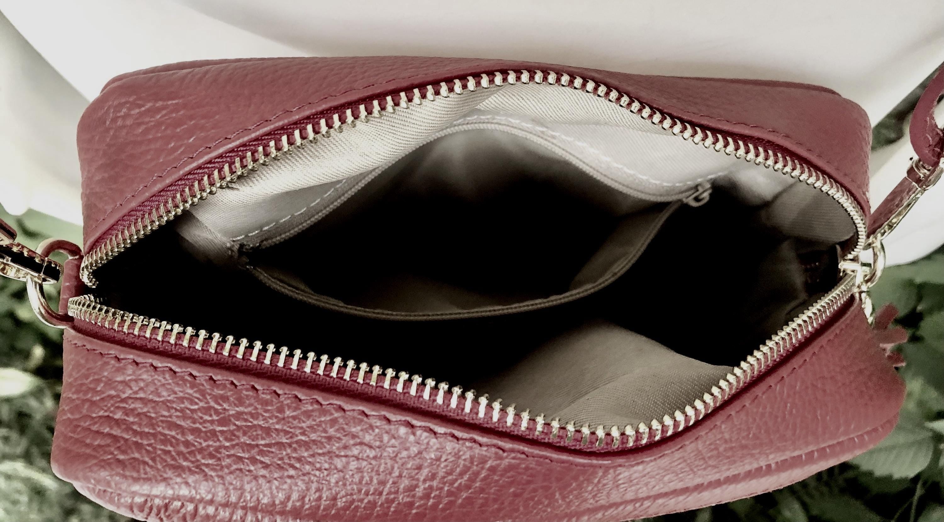 Small burgundy leather bag. Wine red GENUINE leather shoulder / cross body. Dark red leather purse with tassels, adjustable strap and zipper