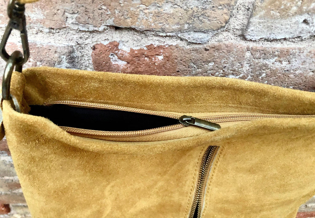 Mustard yellow suede leather bag with embroidered strap. Boho messenger bag. GENUINE LEATHER cross body / shoulder bag. Yellow suede purse