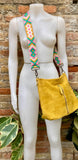 Mustard yellow suede leather bag with embroidered strap. Boho messenger bag. GENUINE LEATHER cross body / shoulder bag. Yellow suede purse