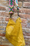 Mustard yellow suede leather bag with embroidered strap. Boho messenger bag. GENUINE LEATHER cross body / shoulder bag. Yellow suede purse