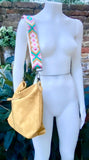 Mustard yellow suede leather bag with embroidered strap. Boho messenger bag. GENUINE LEATHER cross body / shoulder bag. Yellow suede purse
