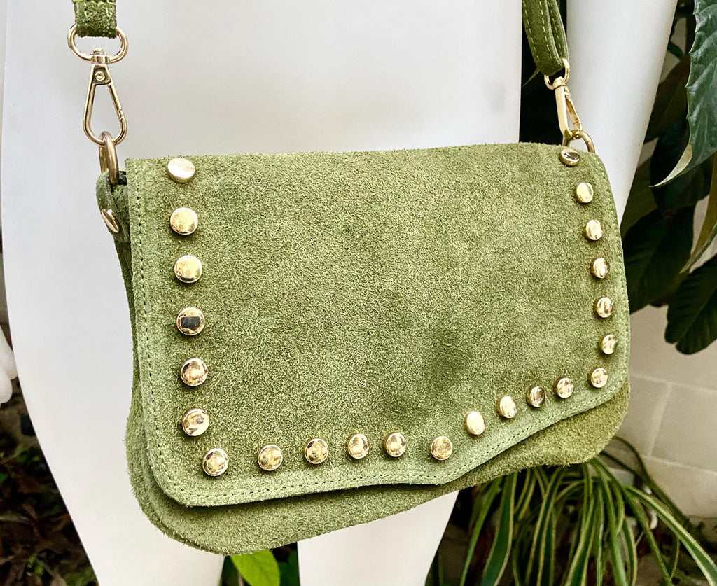 Moss green crossbody / shoulder bag with tacks. BOHO suede leather bag. Green genuine suede leather. Light green and gold suede purse