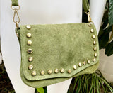 Moss green crossbody / shoulder bag with tacks. BOHO suede leather bag. Green genuine suede leather. Light green and gold suede purse
