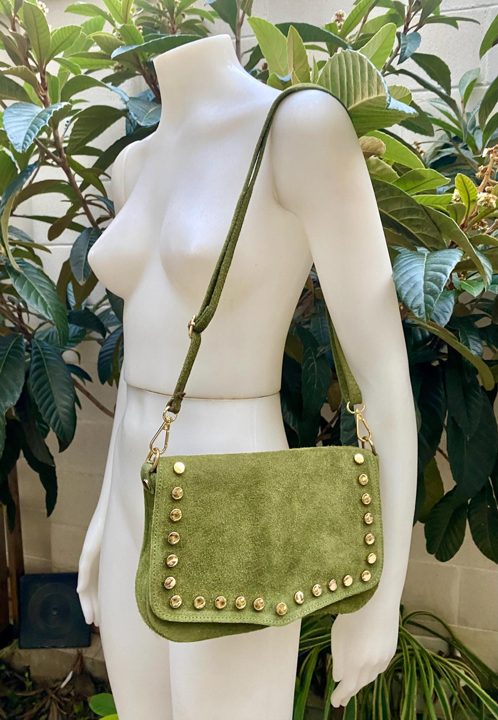 Moss green crossbody / shoulder bag with tacks. BOHO suede leather bag. Green genuine suede leather. Light green and gold suede purse