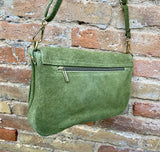 Moss green crossbody / shoulder bag with tacks. BOHO suede leather bag. Green genuine suede leather. Light green and gold suede purse