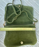 Moss green crossbody / shoulder bag with tacks. BOHO suede leather bag. Green genuine suede leather. Light green and gold suede purse
