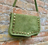 Moss green crossbody / shoulder bag with tacks. BOHO suede leather bag. Green genuine suede leather. Light green and gold suede purse
