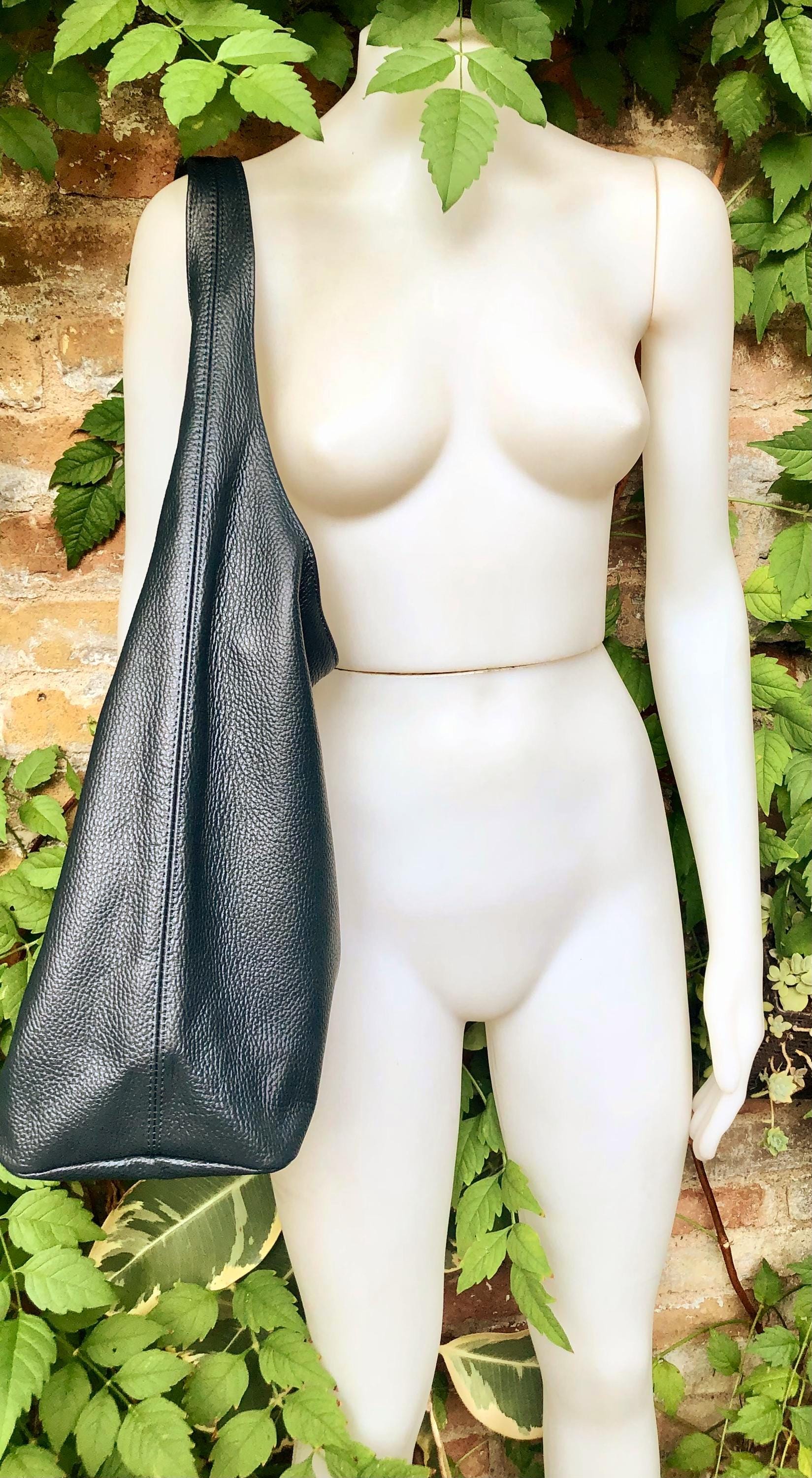 BLACK slouch bag. Black tote leather bag with ZIPPER. Soft genuine leather. Black leather purse. Wide strap leather shoulder bag.