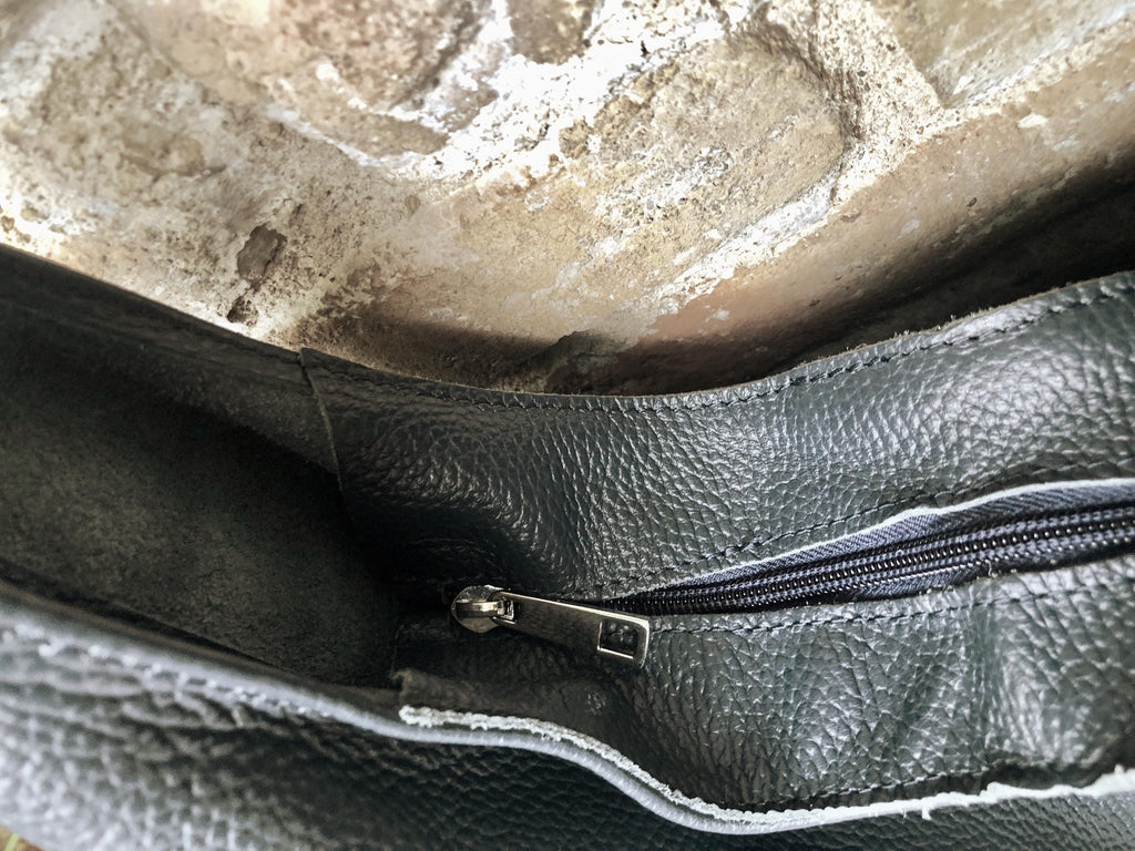 BLACK slouch bag. Black tote leather bag with ZIPPER. Soft genuine leather. Black leather purse. Wide strap leather shoulder bag.