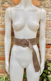 Dark taupe brown leather waist belt with round buckle. Soft leather belt in brown. Genuine leather dress belt. Brown wide waist belt