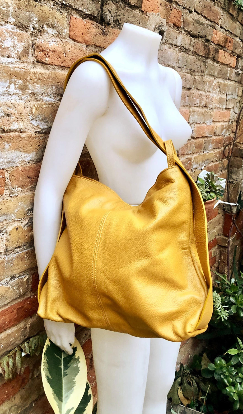 YELLOW genuine leather rucksack/ shoulder bag / crossbody. Yellow genuine leather shopper. Green carry all backpack for laptops, tablets...