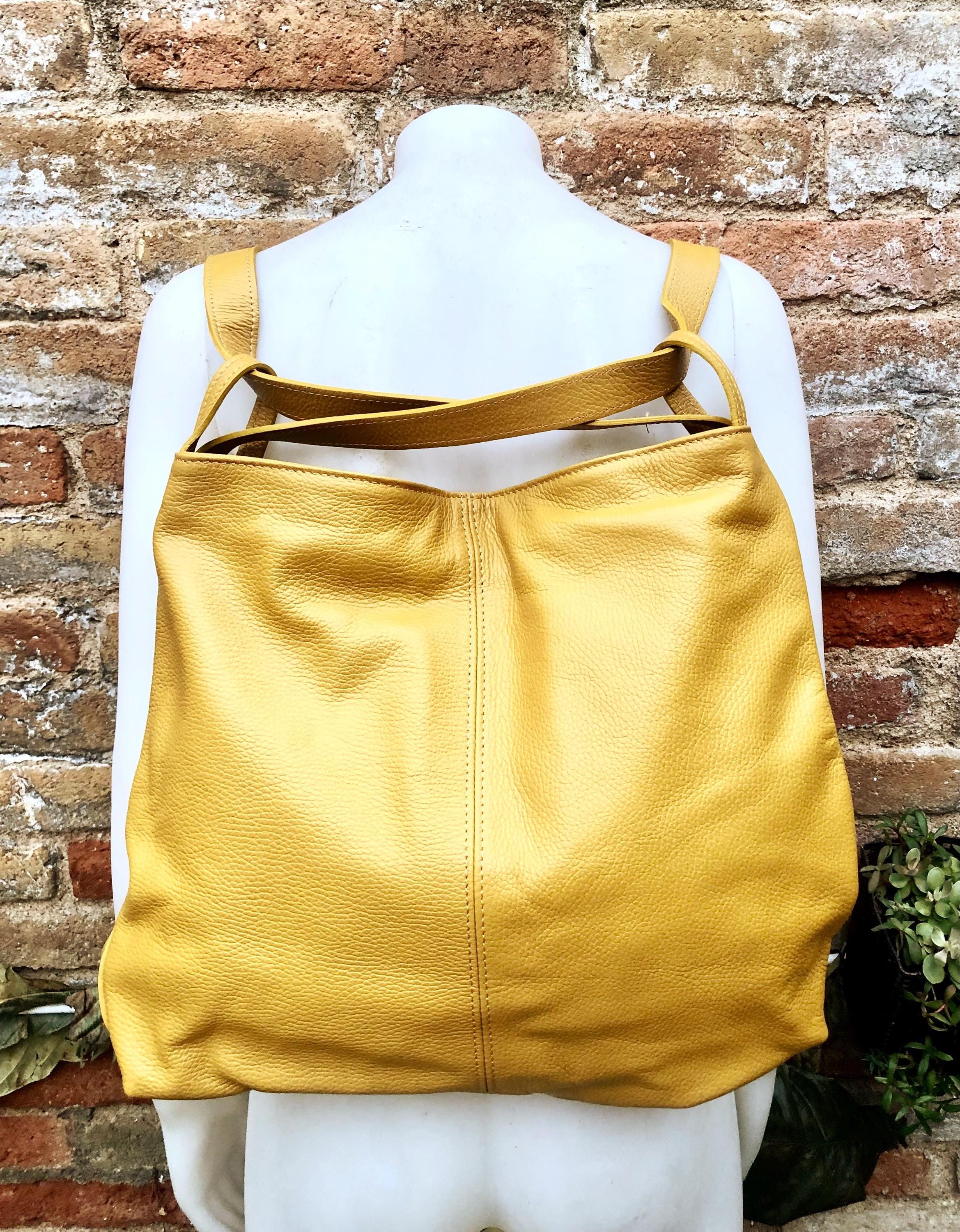 YELLOW genuine leather rucksack/ shoulder bag / crossbody. Yellow genuine leather shopper. Green carry all backpack for laptops, tablets...