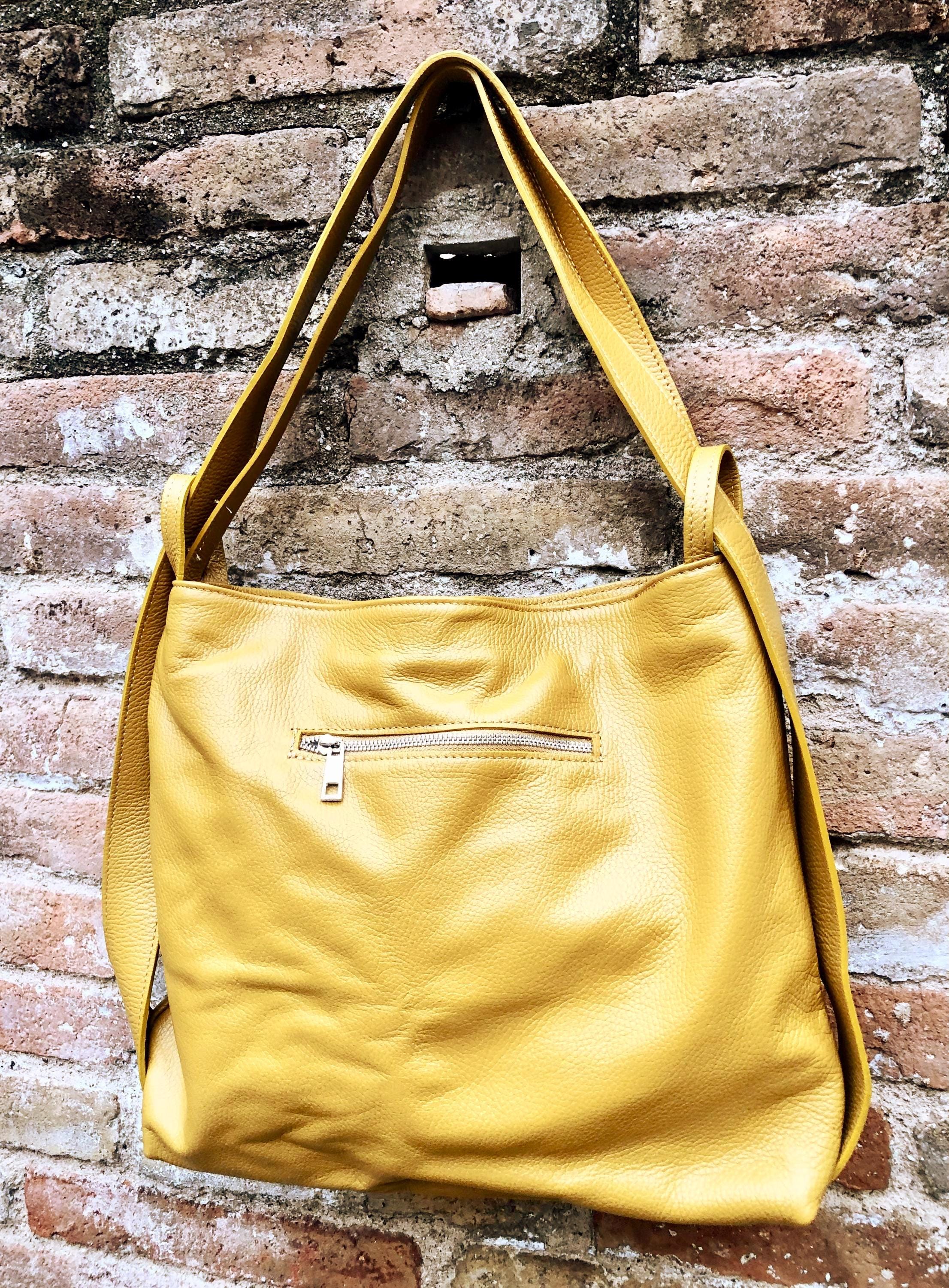 YELLOW genuine leather rucksack/ shoulder bag / crossbody. Yellow genuine leather shopper. Green carry all backpack for laptops, tablets...