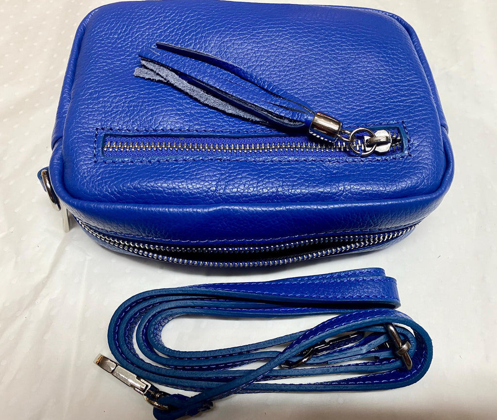 Small leather bag in dark cobalt blue. GENUINE leather shoulder or crossbody bag. Royal blue purse, adjustable strap and zipper.