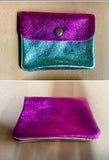 Small coin purse in genuine metallic leather with 3 pockets, zipper + flap. Fits credit cards, coins, bills. Retro glitter leather wallet.
