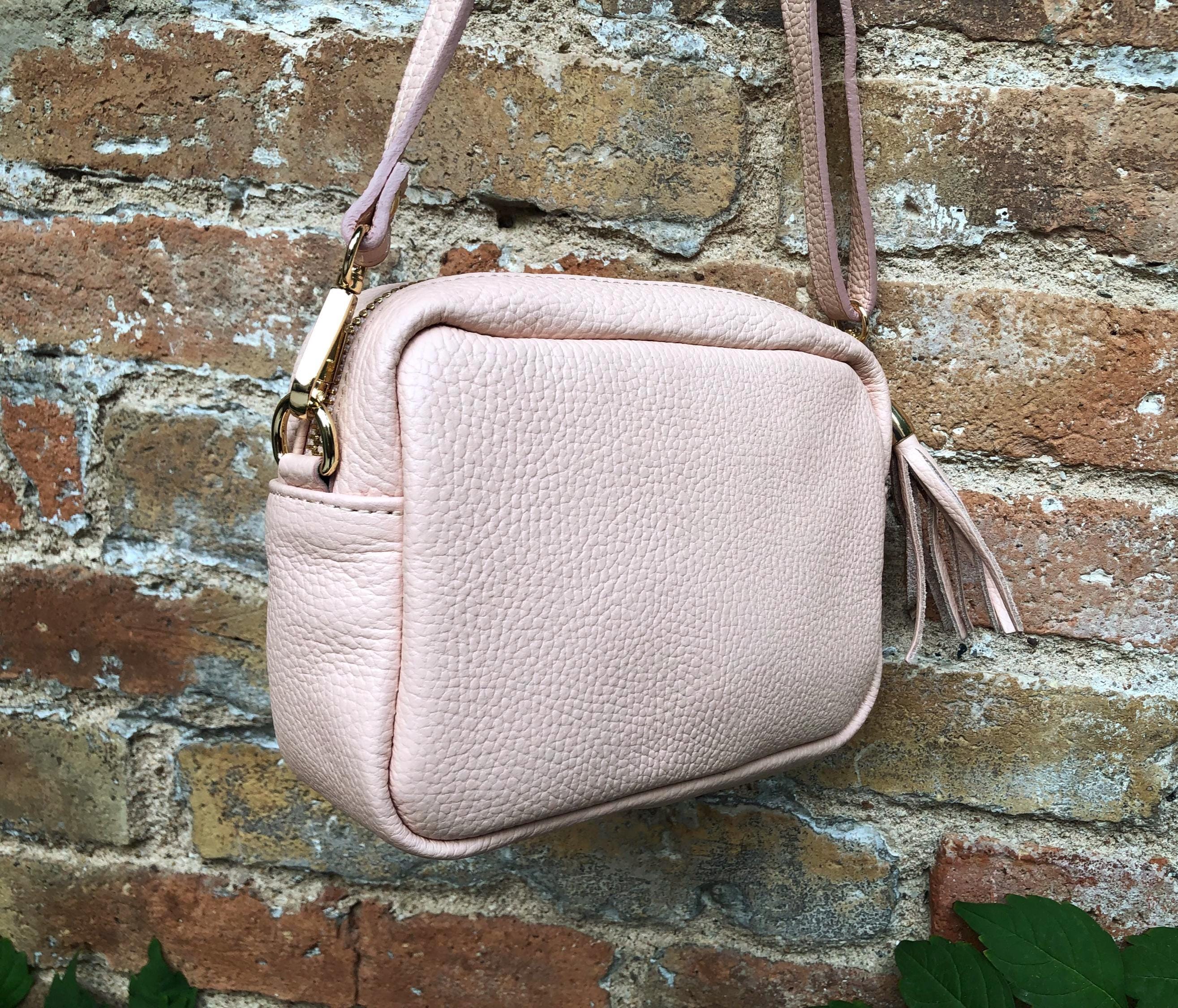 Small light PINK leather bag. GENUINE leather shoulder / cross body bag. Soft PINK leather purse with adjustable strap and zipper.