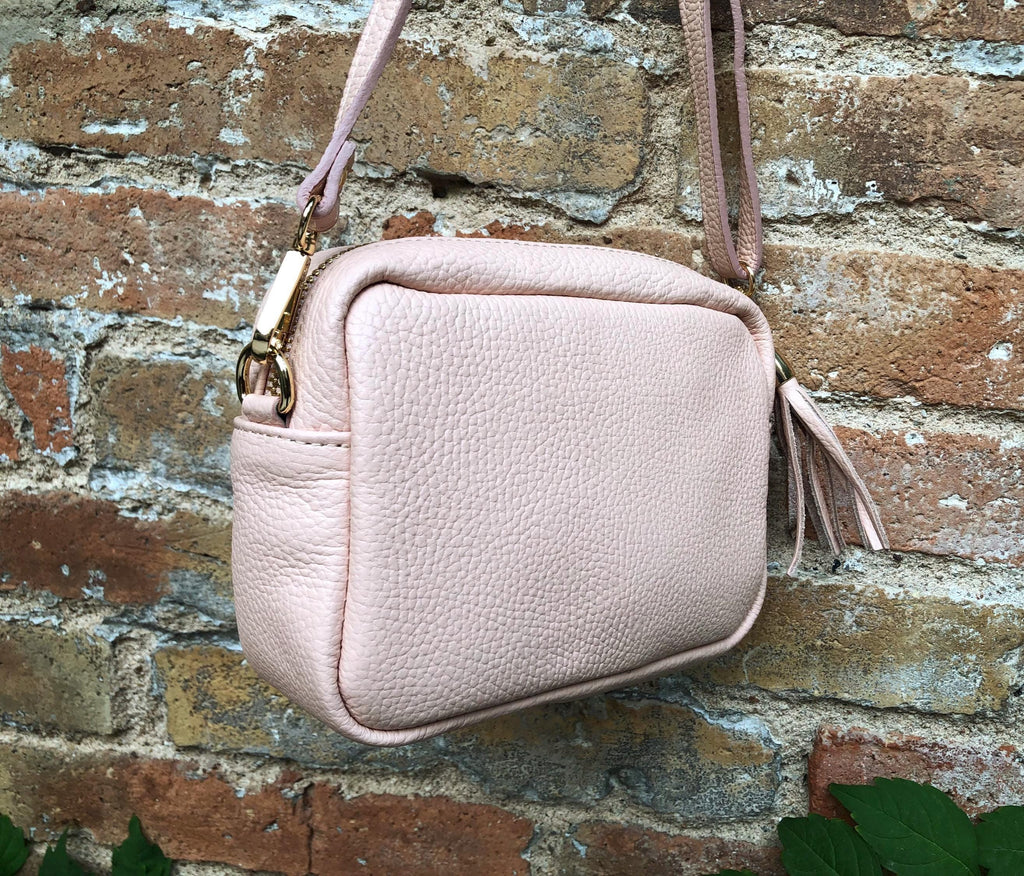 Small light PINK leather bag. GENUINE leather shoulder / cross body bag. Soft PINK leather purse with adjustable strap and zipper.