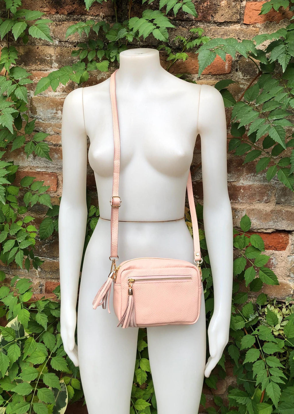 Small light PINK leather bag. GENUINE leather shoulder / cross body bag. Soft PINK leather purse with adjustable strap and zipper.