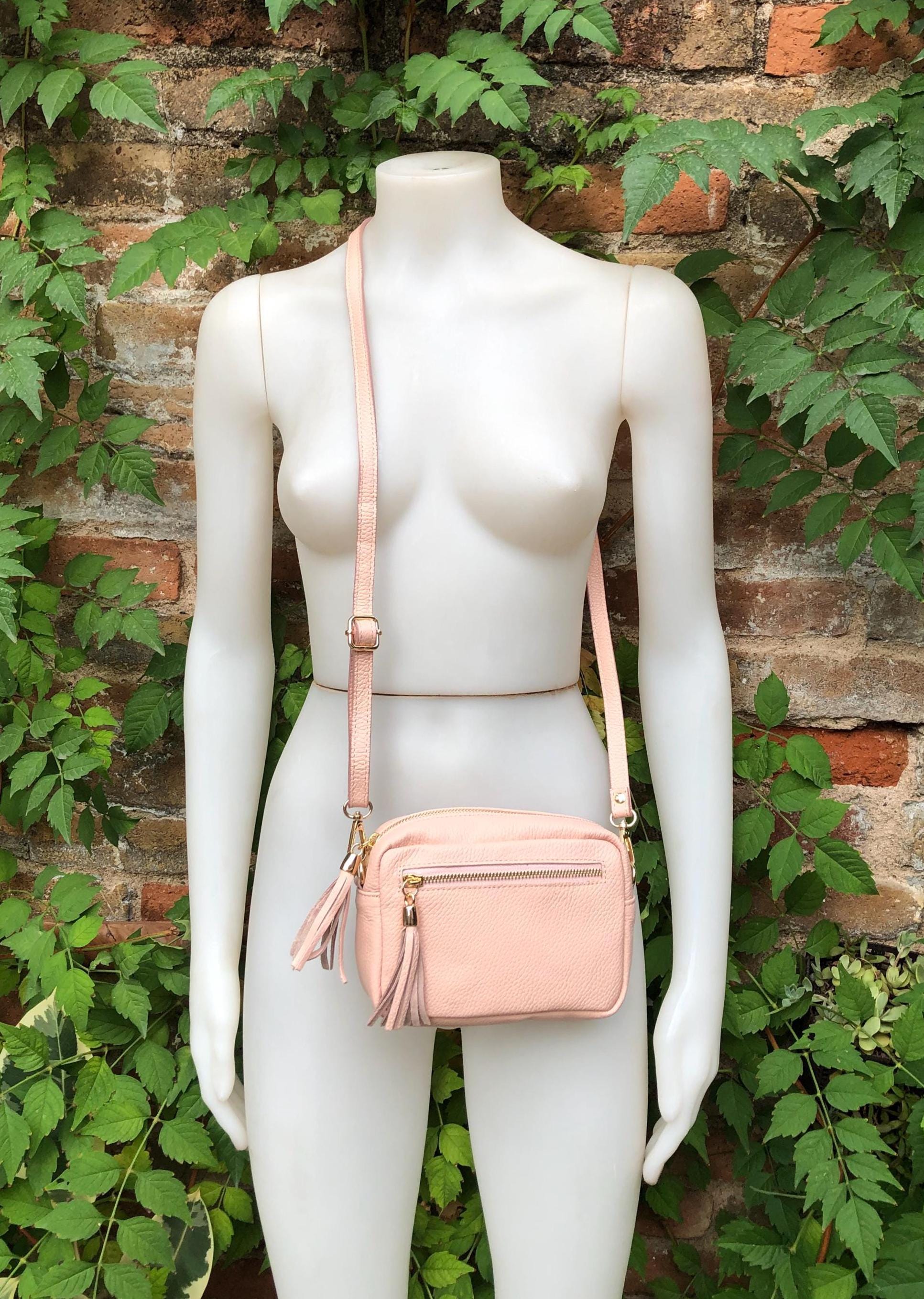 Small light PINK leather bag. GENUINE leather shoulder / cross body bag. Soft PINK leather purse with adjustable strap and zipper.