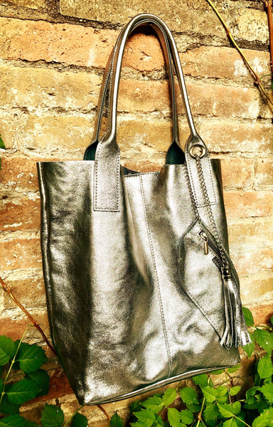 Shoulder leather bag in BRONZE. GENUINE leather shopper bag. Large carry all bag for your laptop, books. Metallic BRONZE leather purse