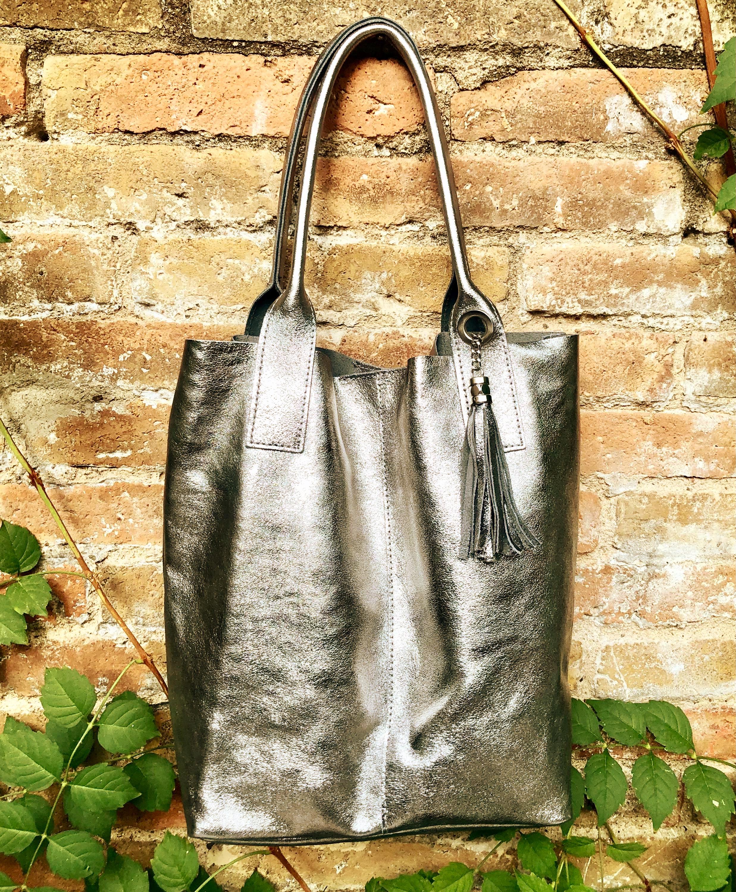 Shoulder leather bag in BRONZE. GENUINE leather shopper bag. Large carry all bag for your laptop, books. Metallic BRONZE leather purse