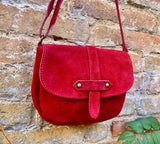 Small red suede bag. Genuine leather crossbody bag. Genuine leather bag with adjustable strap and zipper. Cherry red suede purse
