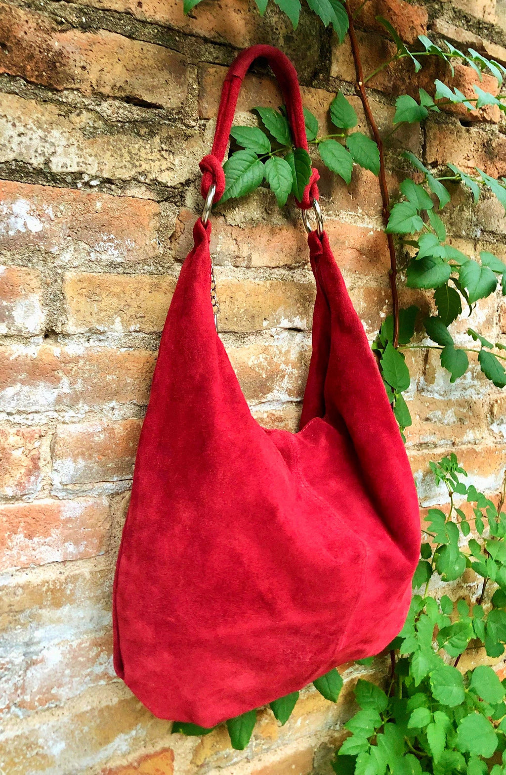 RED suede slouchy bag with ZIPPER + lining. Soft natural suede shopper, genuine leather bag. RED suede purse . Hobo suede bag