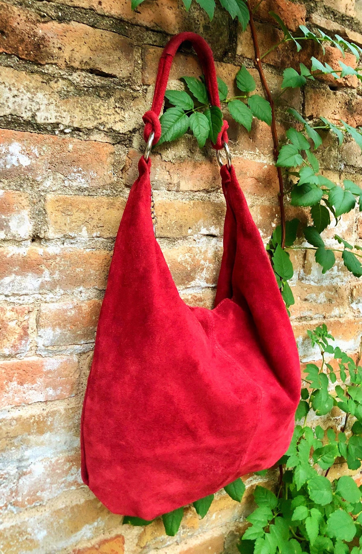 RED suede slouchy bag with ZIPPER + lining. Soft natural suede shopper, genuine leather bag. RED suede purse . Hobo suede bag