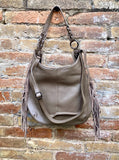 Taupe brown crossbody / shoulder bag. Tan boho FRINGED genuine leather bag. Messenger bag with fringes. Greyge leather hobo purse + 2 straps