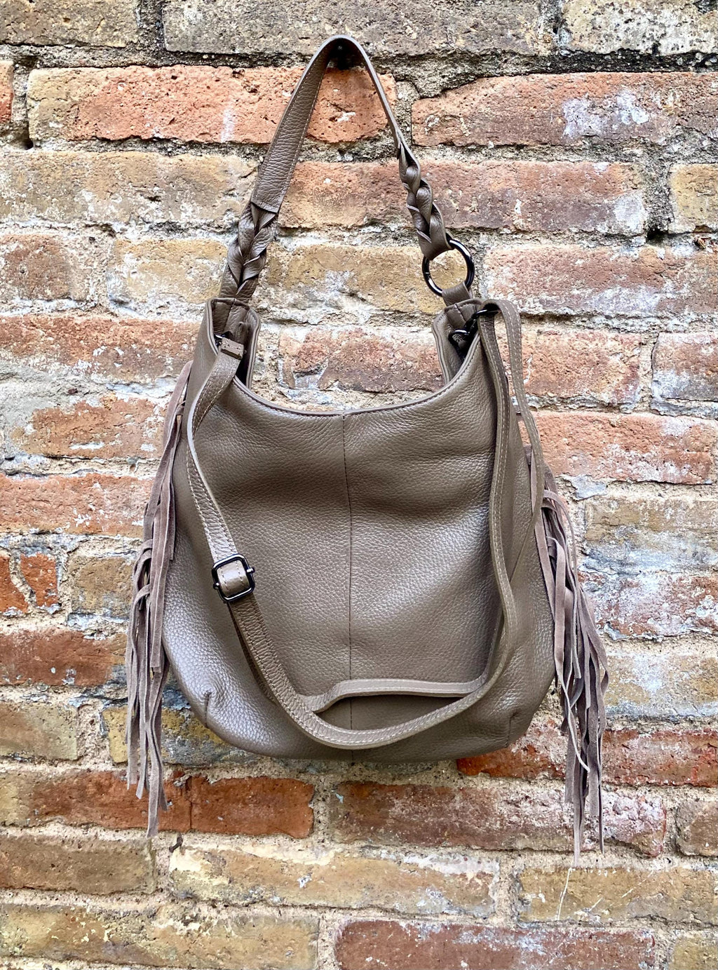 Taupe brown crossbody / shoulder bag. Tan boho FRINGED genuine leather bag. Messenger bag with fringes. Greyge leather hobo purse + 2 straps