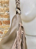 Taupe brown crossbody / shoulder bag. Tan boho FRINGED genuine leather bag. Messenger bag with fringes. Greyge leather hobo purse + 2 straps