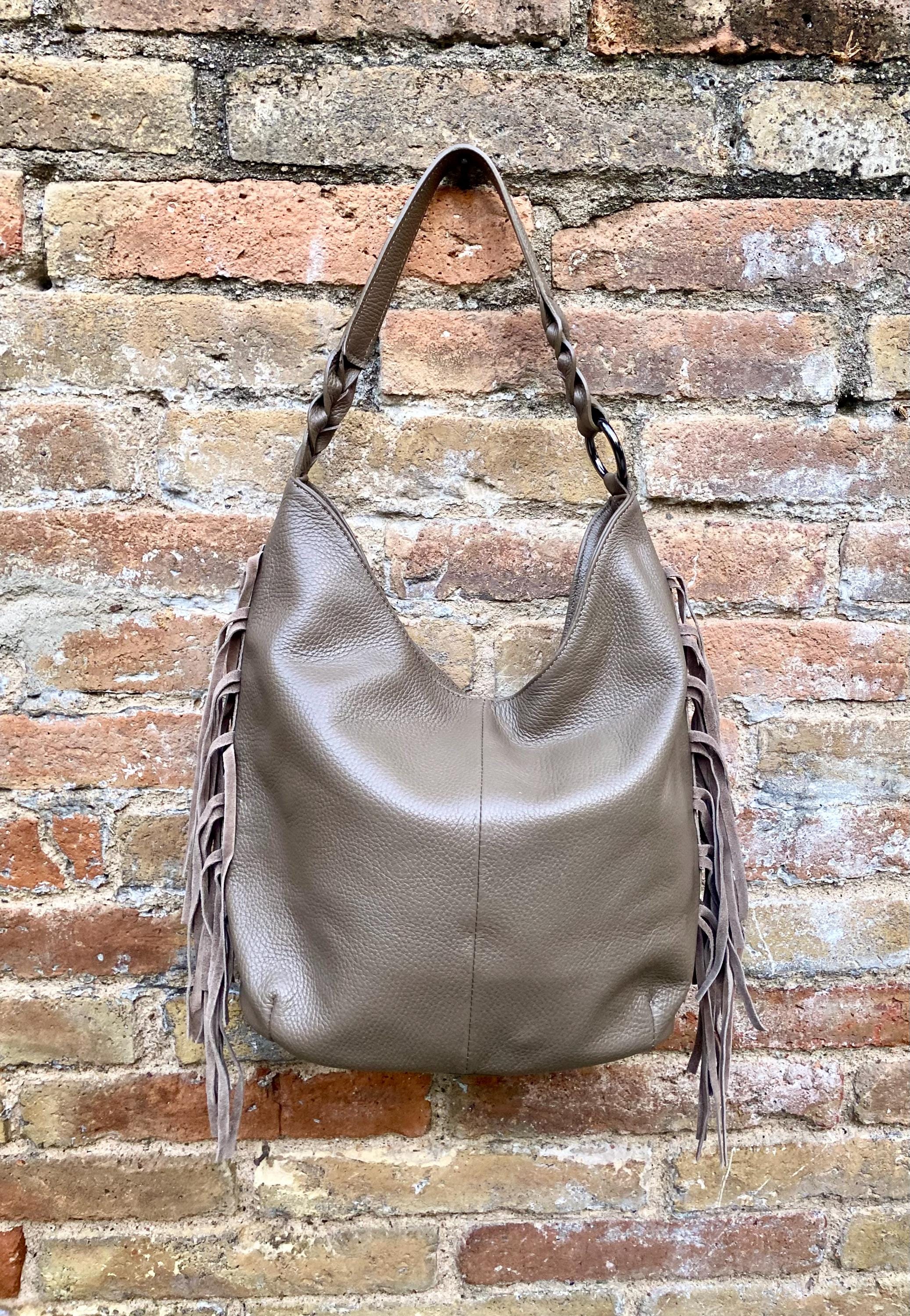 Taupe brown crossbody / shoulder bag. Tan boho FRINGED genuine leather bag. Messenger bag with fringes. Greyge leather hobo purse + 2 straps