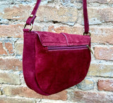 Burgundy suede bag. Genuine leather dark red crossbody bag. Wine red small leather bag. Adjustable strap + zipper. Red suede purse
