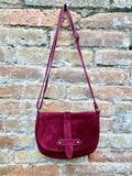 Burgundy suede bag. Genuine leather dark red crossbody bag. Wine red small leather bag. Adjustable strap + zipper. Red suede purse