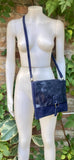 Navy blue suede leather messenger bag. Dark blue cross body / shoulder bag. Distressed leather messenger bag. Navy purse with zipper + flap.