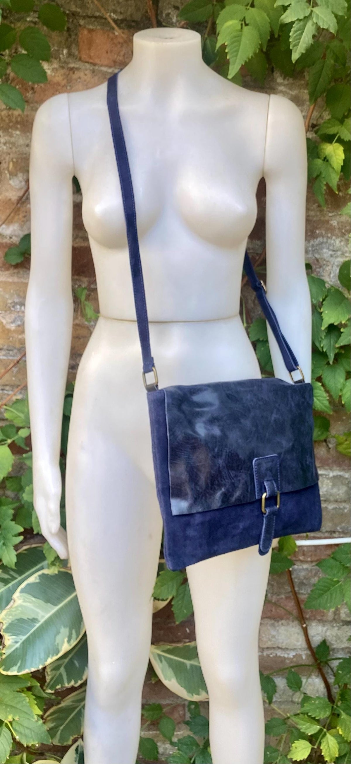 Navy blue suede leather messenger bag. Dark blue cross body / shoulder bag. Distressed leather messenger bag. Navy purse with zipper + flap.