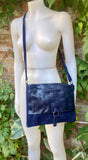 Navy blue suede leather messenger bag. Dark blue cross body / shoulder bag. Distressed leather messenger bag. Navy purse with zipper + flap.