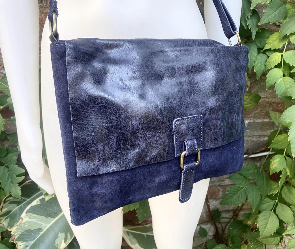 Navy blue suede leather messenger bag. Dark blue cross body / shoulder bag. Distressed leather messenger bag. Navy purse with zipper + flap.