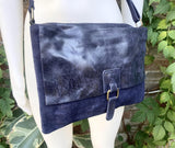Navy blue suede leather messenger bag. Dark blue cross body / shoulder bag. Distressed leather messenger bag. Navy purse with zipper + flap.