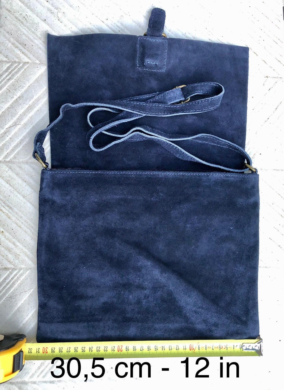 Navy blue suede leather messenger bag. Dark blue cross body / shoulder bag. Distressed leather messenger bag. Navy purse with zipper + flap.