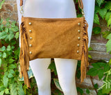 Camel brown suede crossbody bag with tacks and fringes. Light brown suede hippy purse. Genuine suede leather boho bag in light caramel brown