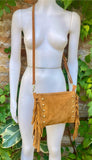 Camel brown suede crossbody bag with tacks and fringes. Light brown suede hippy purse. Genuine suede leather boho bag in light caramel brown