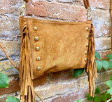 Camel brown suede crossbody bag with tacks and fringes. Light brown suede hippy purse. Genuine suede leather boho bag in light caramel brown